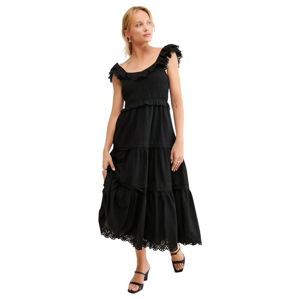 Madewell Madilynn Ruffle Neck Lucie Dress Women's Size 8 Black Tiered Maxi